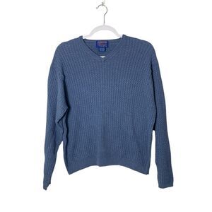 Vintage Pendleton 100% Cotton Riibed Knit Blue V-Neck Sweater Men's Size M